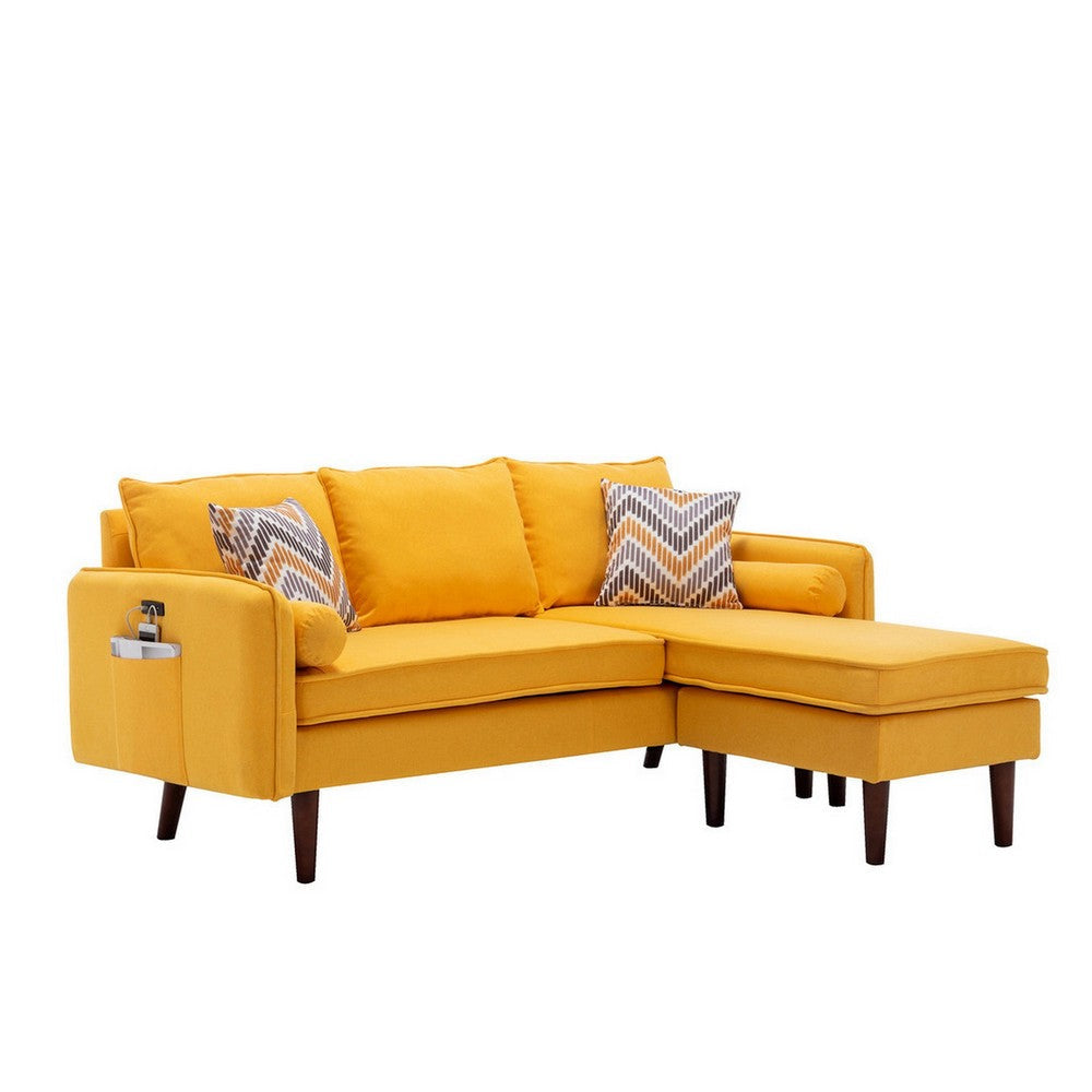 Ranon 70 Inch Sectional Chaise Sofa, Pillows, USB Ports, Pockets, Yellow By Casagear Home