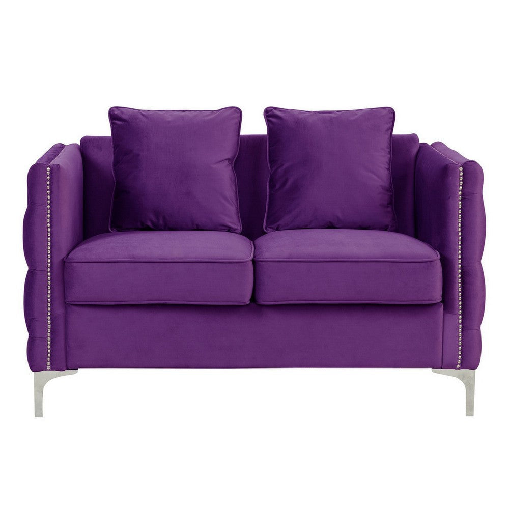 Zion 53 Inch Modern Loveseat, Button Tufted Purple Velvet, Nailhead Trim By Casagear Home