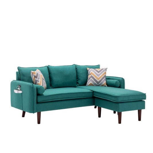 Ranon 70 Inch Sectional Chaise Sofa, Pillows, USB Ports, Side Pockets, Teal By Casagear Home