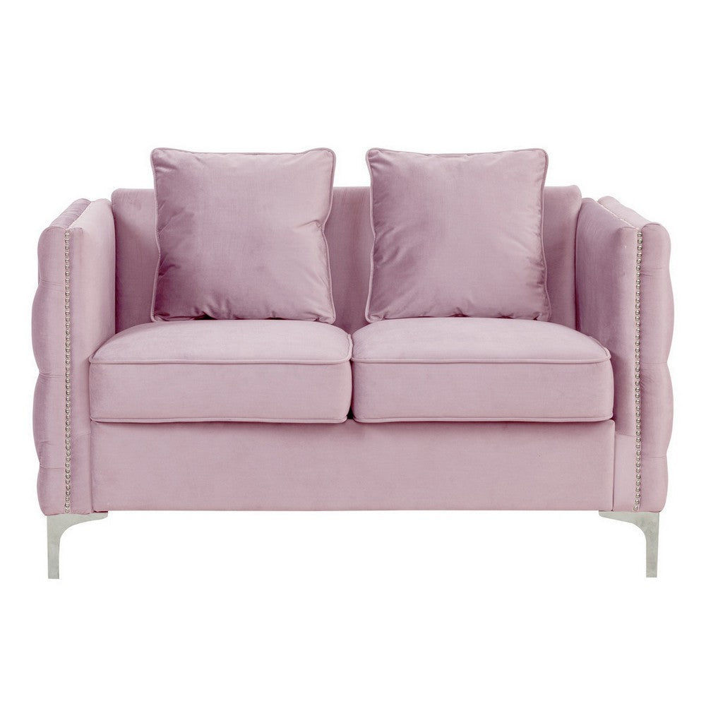 Zion 53 Inch Modern Loveseat, Button Tufted Pink Velvet with Nailhead Trim By Casagear Home