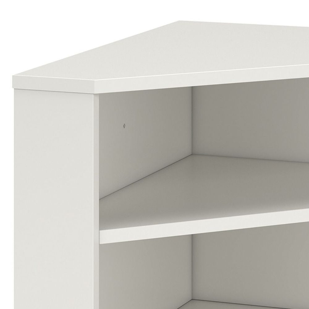 Tio 29 Inch Corner Bookcase Console with 2 Shelves Triangle Shaped White By Casagear Home BM293999