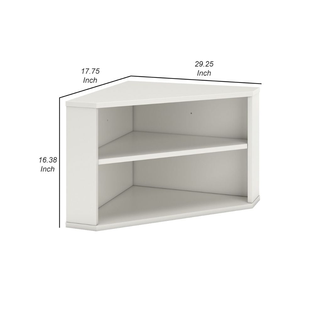 Tio 29 Inch Corner Bookcase Console with 2 Shelves Triangle Shaped White By Casagear Home BM293999