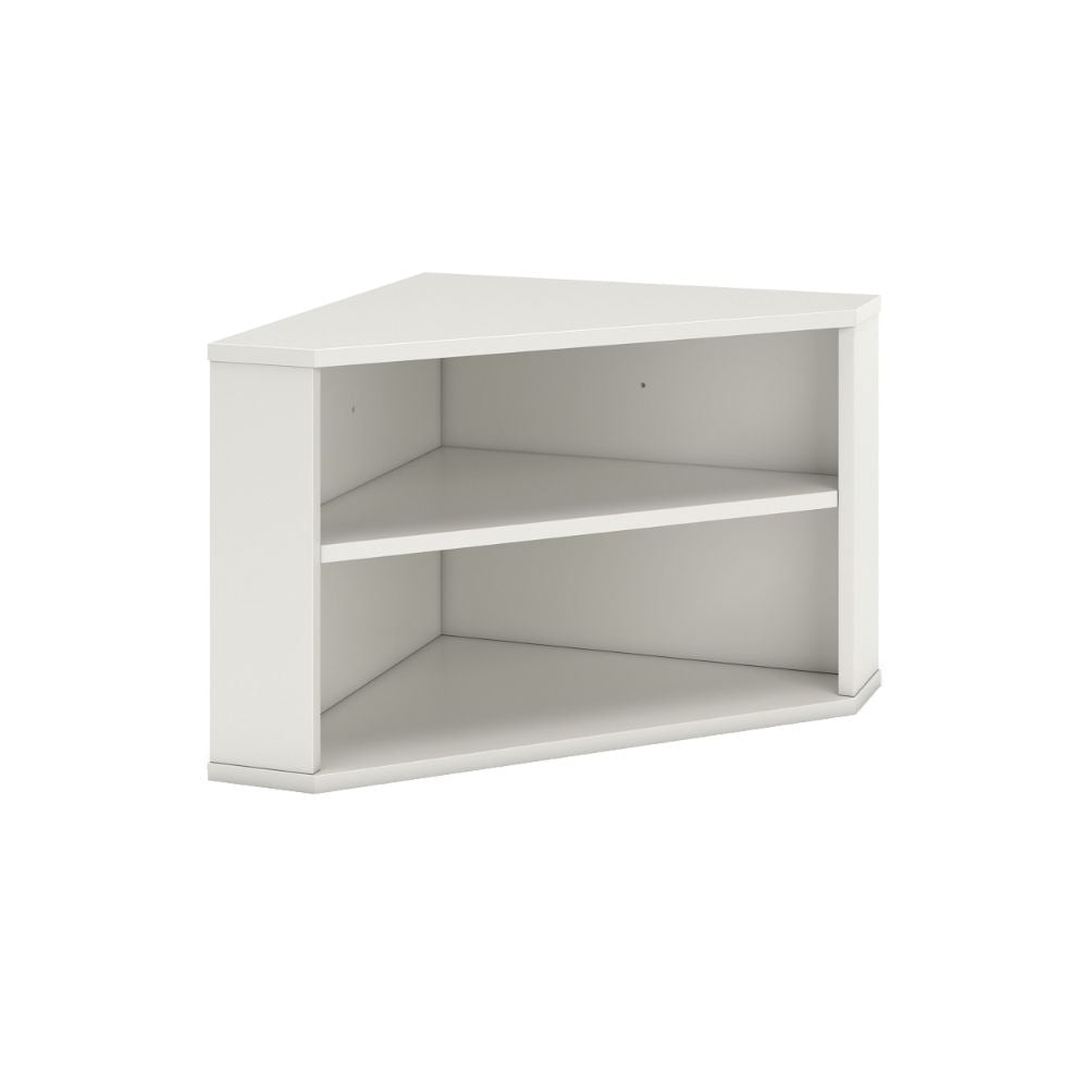 Tio 29 Inch Corner Bookcase Console with 2 Shelves, Triangle Shaped, White By Casagear Home