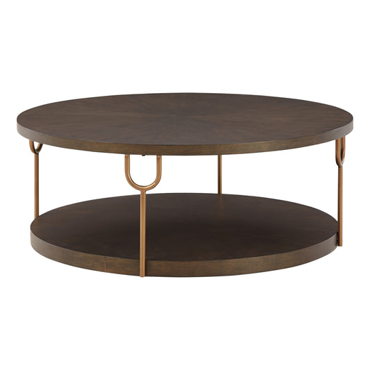 Modern 42 Inch Coffee Table Ash Veneer Metal Frame Wheels Gold Brown By Casagear Home BM294085