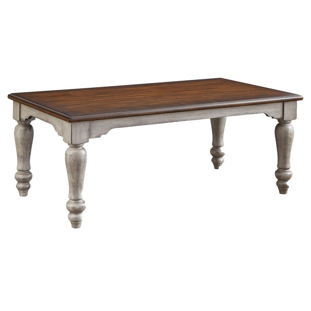 Classic 52 Inch Coffee Table Pine Wood Construction Brown Top White By Casagear Home BM294091