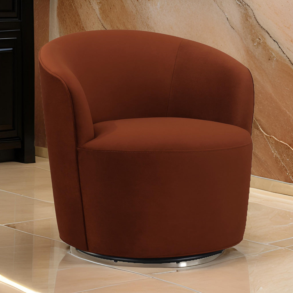 30 Inch Swivel Accent Chair Padded Barrel Style Burnished Orange Velvet By Casagear Home BM294138