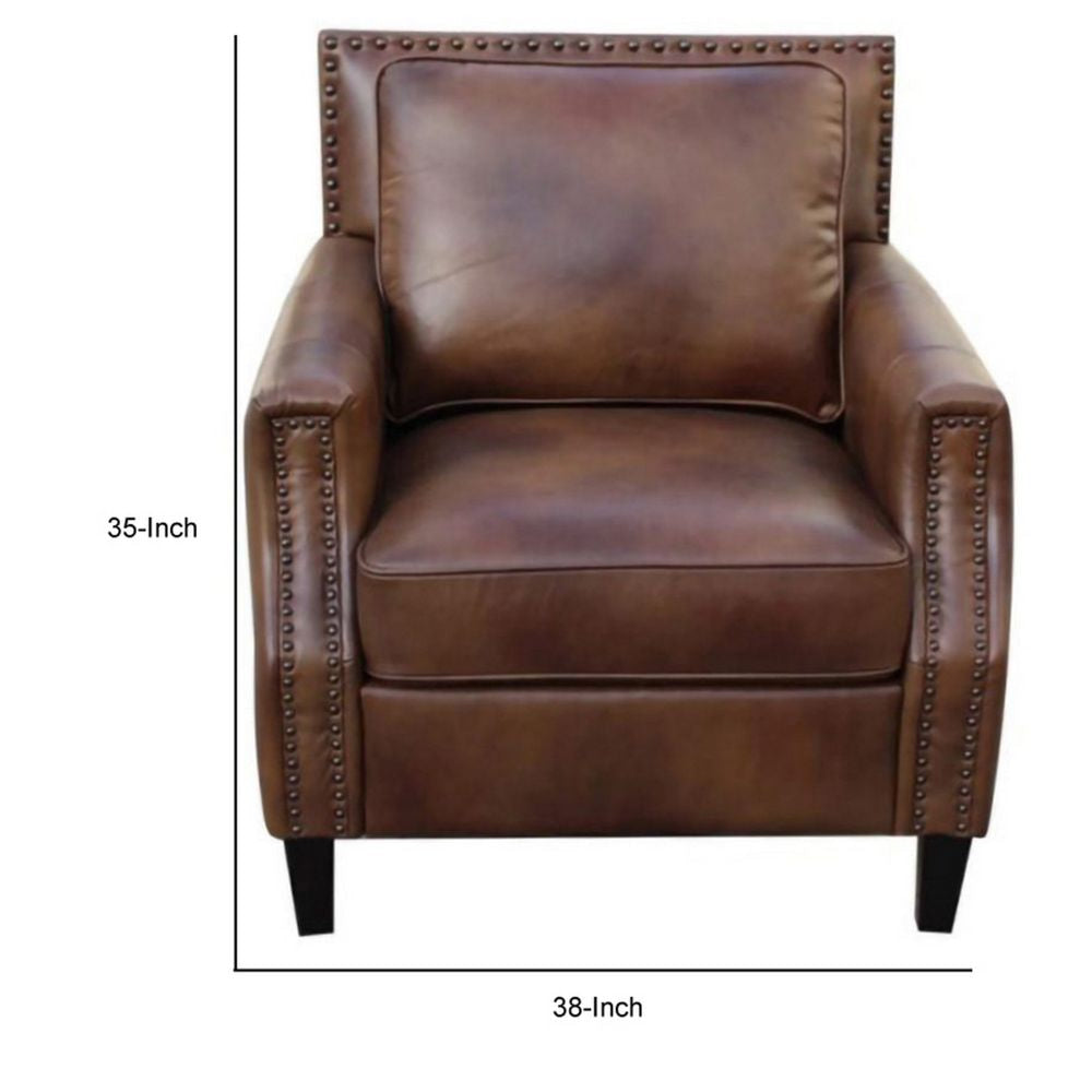 Rich 36 Inch Classic Accent Armchair Nailhead Coffee Brown Grain Leather By Casagear Home BM294155