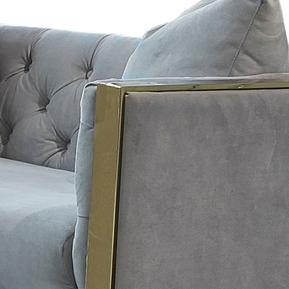 Reba 57 Inch Loveseat with 2 Pillows Gold Steel Frame Light Gray Velvet By Casagear Home BM294189