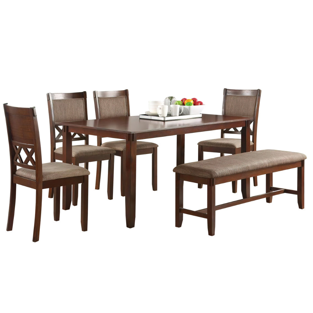 Natali 6 Piece Dining Set with Table, 4 Chairs and Bench, Foam Fill, Brown By Casagear Home