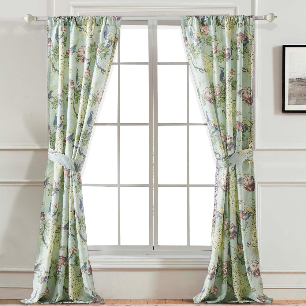 Eden 84 Inch WIndow Curtains Butterflies and Songbirds Green Microfiber By Casagear Home BM294316