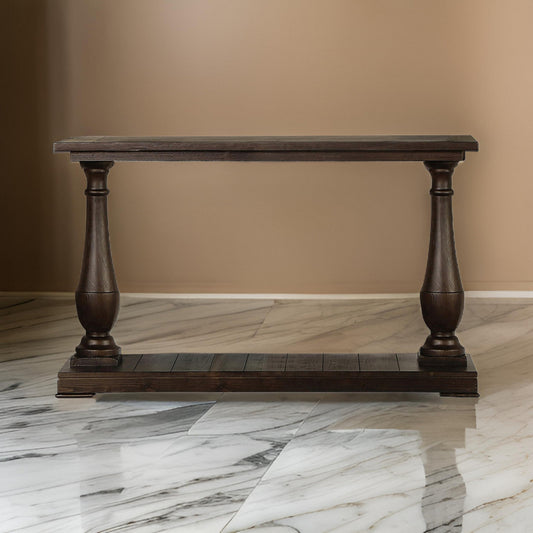 Aria 48 Inch Console Sofa Table Plank Top Turned Pedestal Base Brown By Casagear Home BM294843