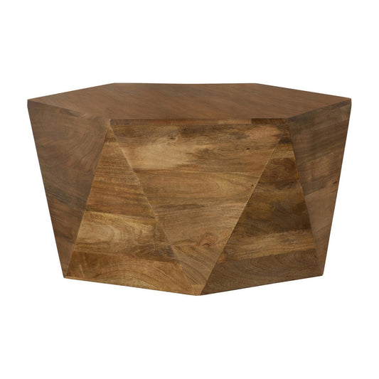 35 Inch Wood Drum Coffee Table Artisan Hexagonal Rich Natural Brown Finish By Casagear Home BM295105