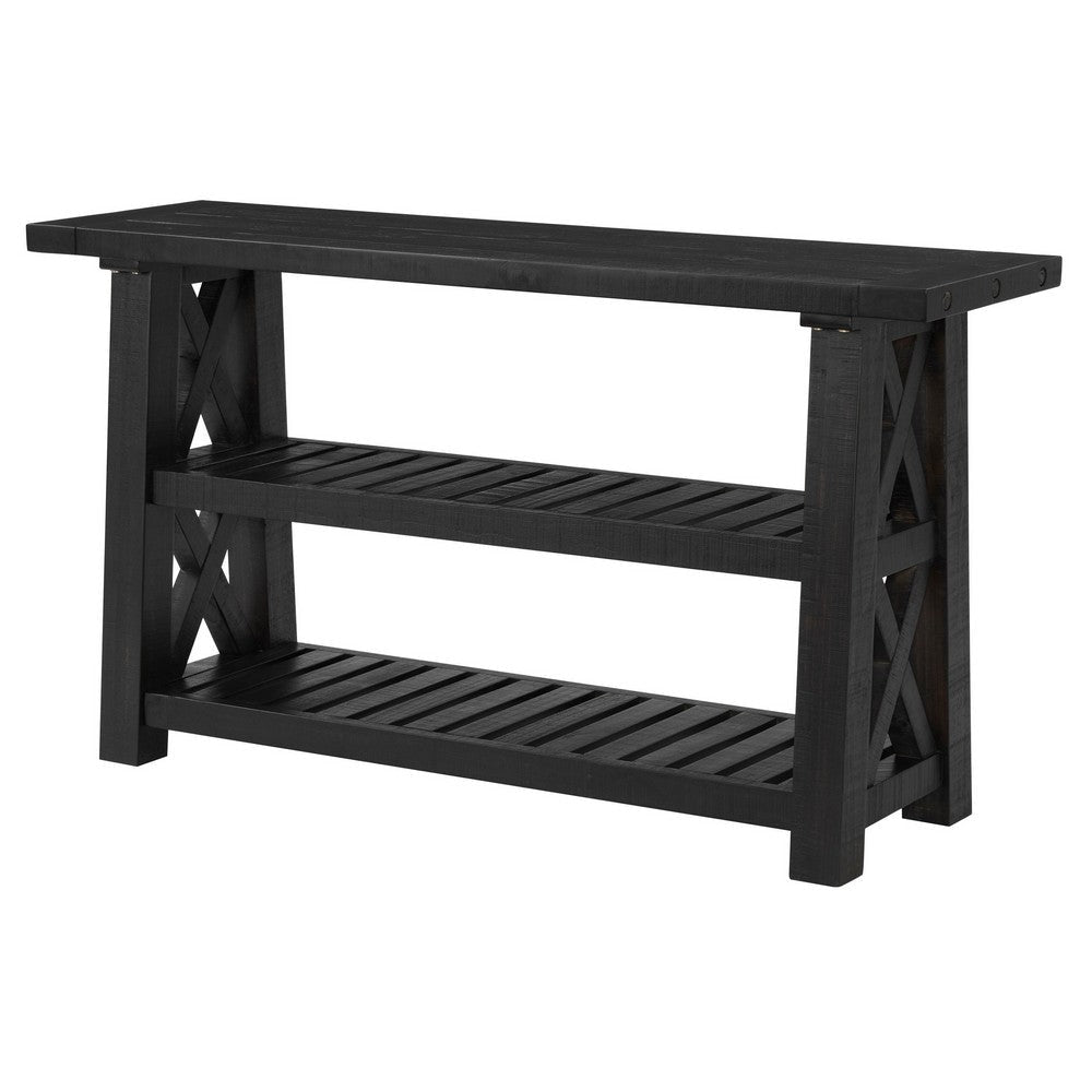 Elena 55 Inch Sofa Console Table, 2 Shelves, Industrial Bolts, Black FInish By Casagear Home