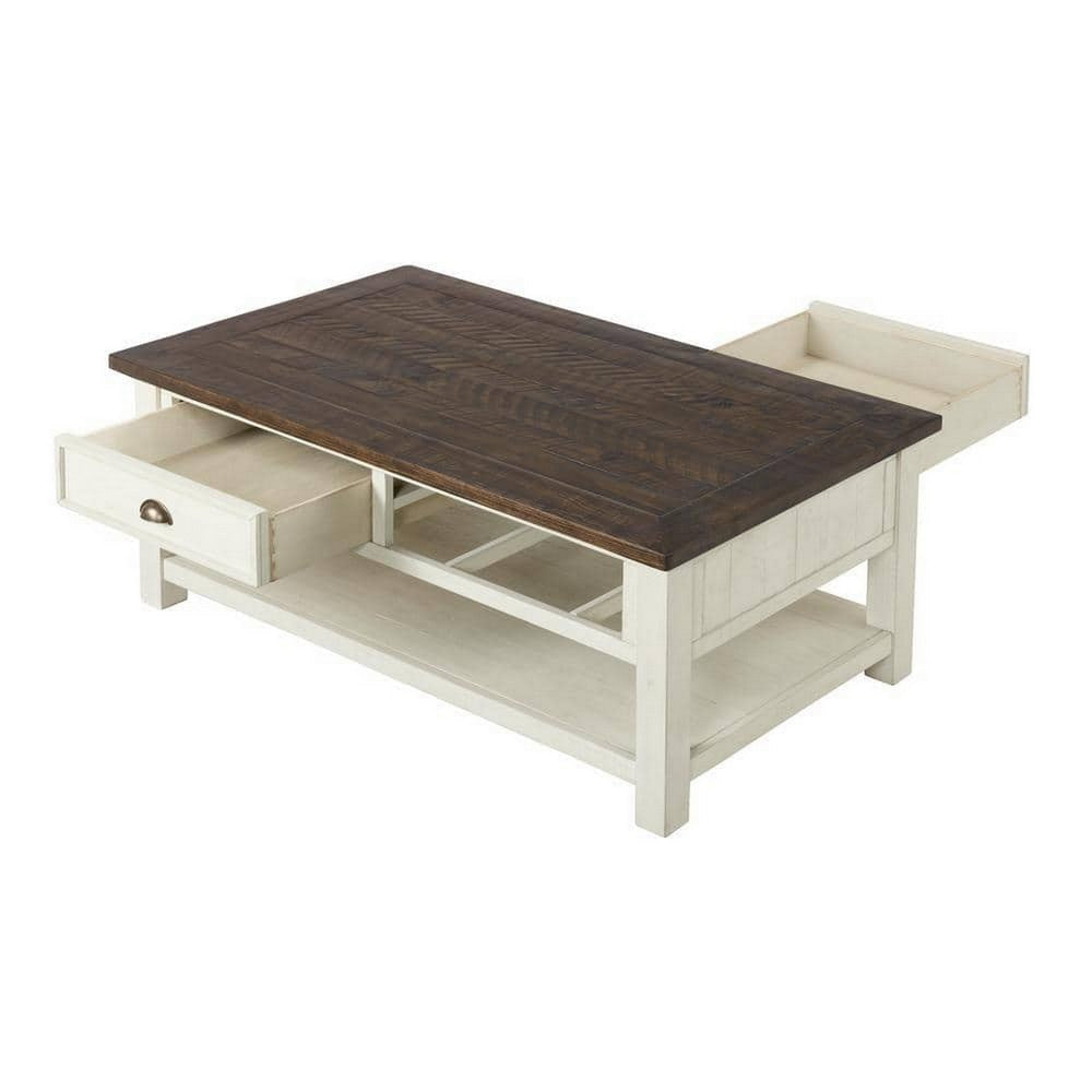 Fiya 50 Inch Coastal Coffee Table with 2 Drawers and 1 Shelf Brown White By Casagear Home BM295413