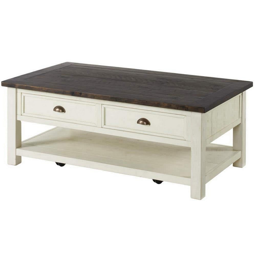 Fiya 50 Inch Coastal Coffee Table with 2 Drawers and 1 Shelf, Brown, White By Casagear Home