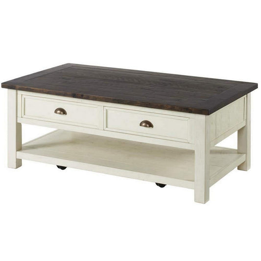 Fiya 50 Inch Coastal Coffee Table with 2 Drawers and 1 Shelf, Brown, White By Casagear Home