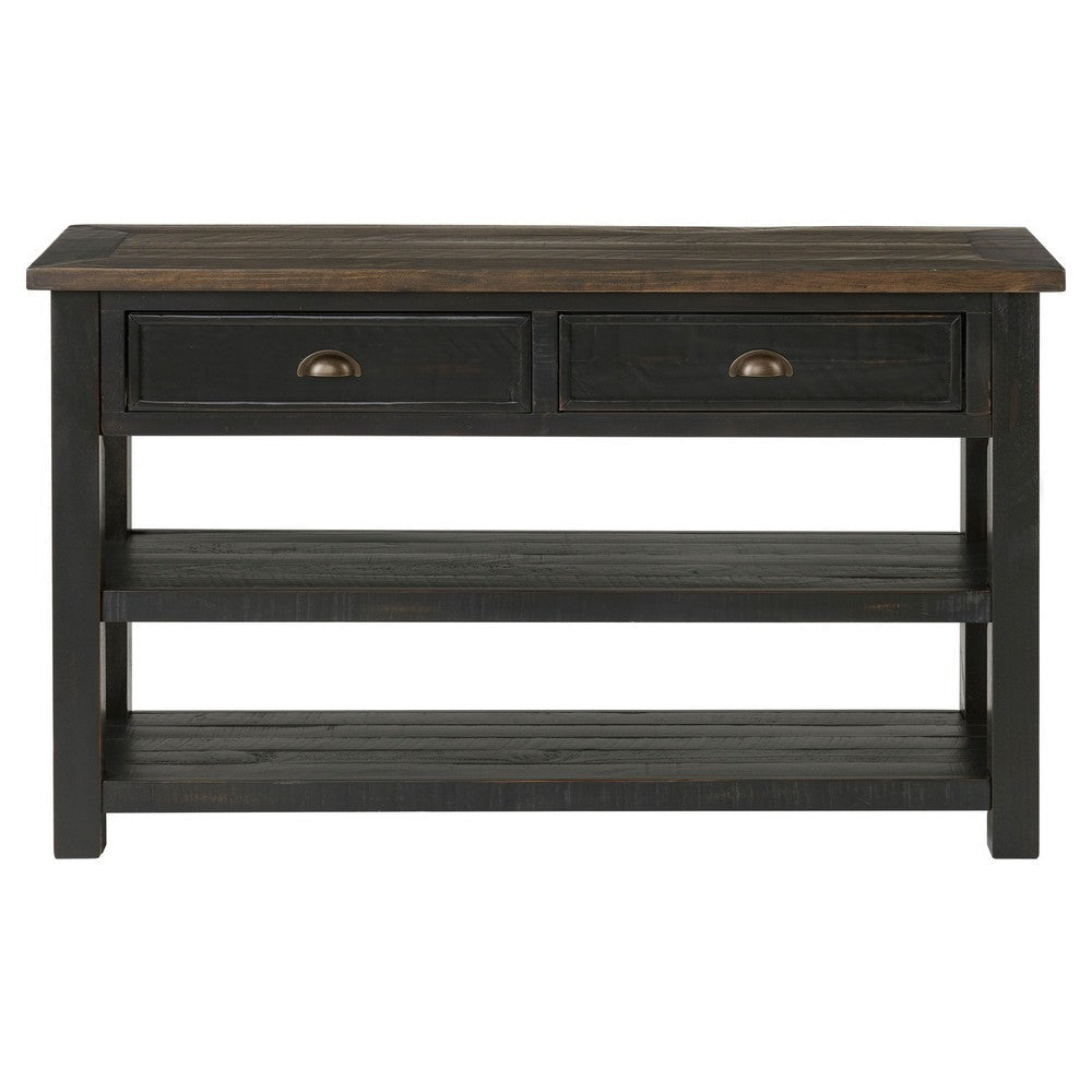 Fiya 50 Inch Coastal Sofa Console Table, 2 Drawers, 2 Shelves, Brown, Black By Casagear Home