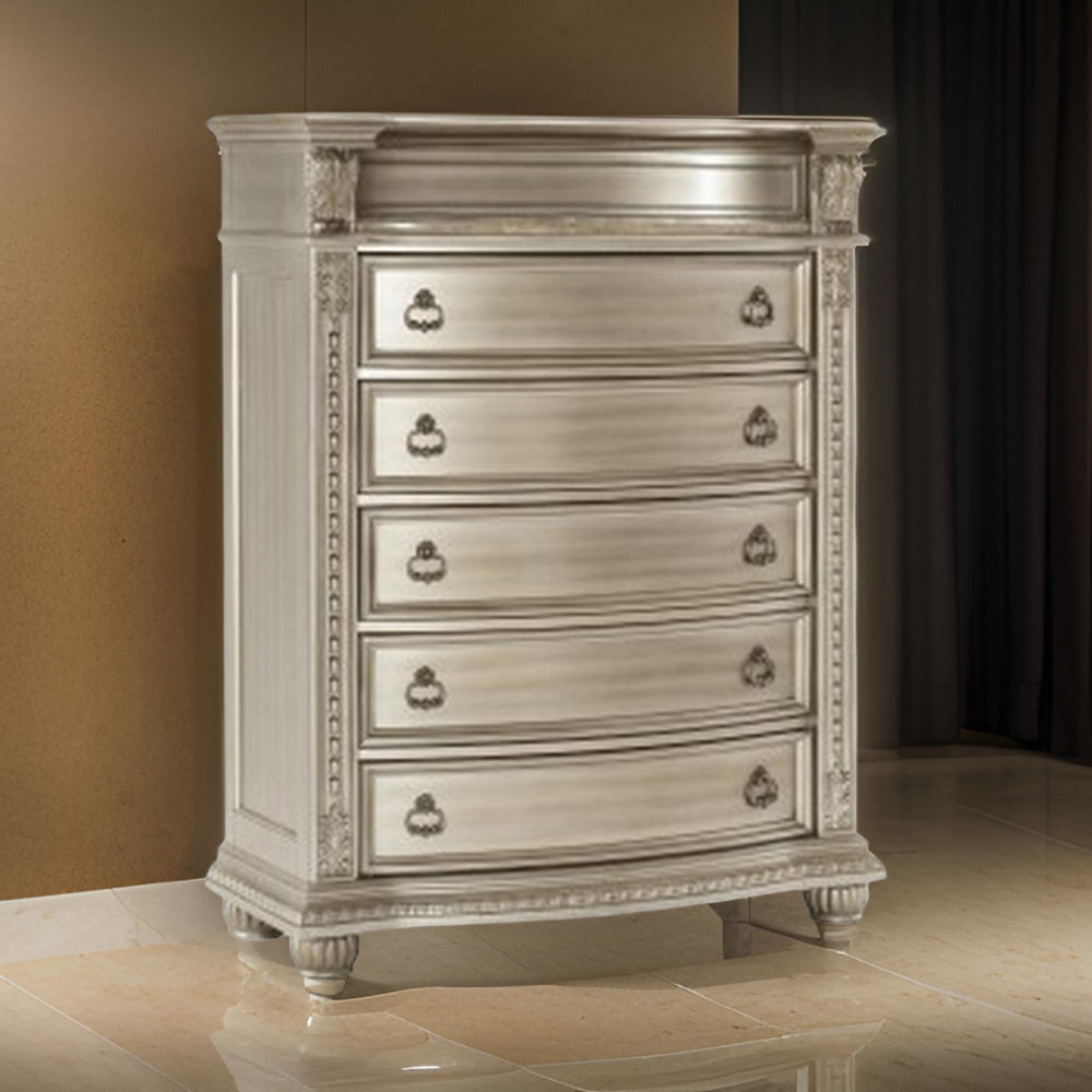 Caitlin 58 Inch Tall Dresser Marble Top Leaf Carving Silver Wood By Casagear Home BM295561