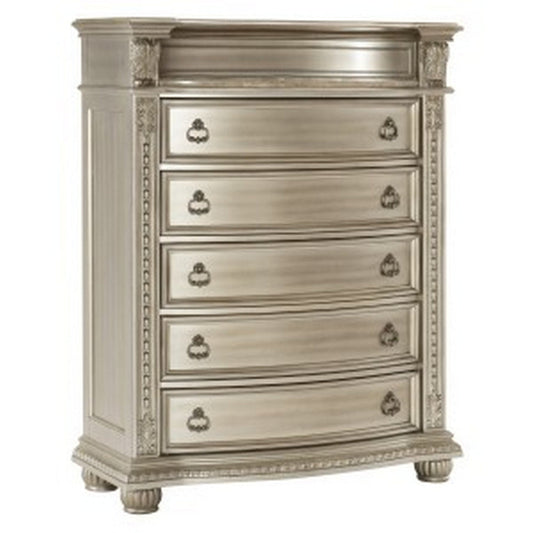 Caitlin 58 Inch Tall Dresser, Marble Top, Leaf Carving, Silver Wood By Casagear Home