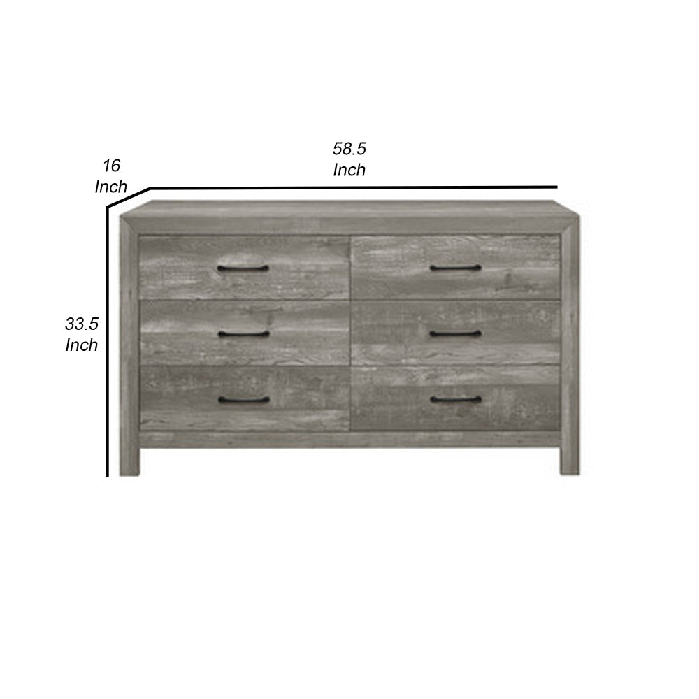 Adia 59 Inch Wide 6 Drawer Dresser Metal Handles Wood Grain Rustic Gray By Casagear Home BM295563