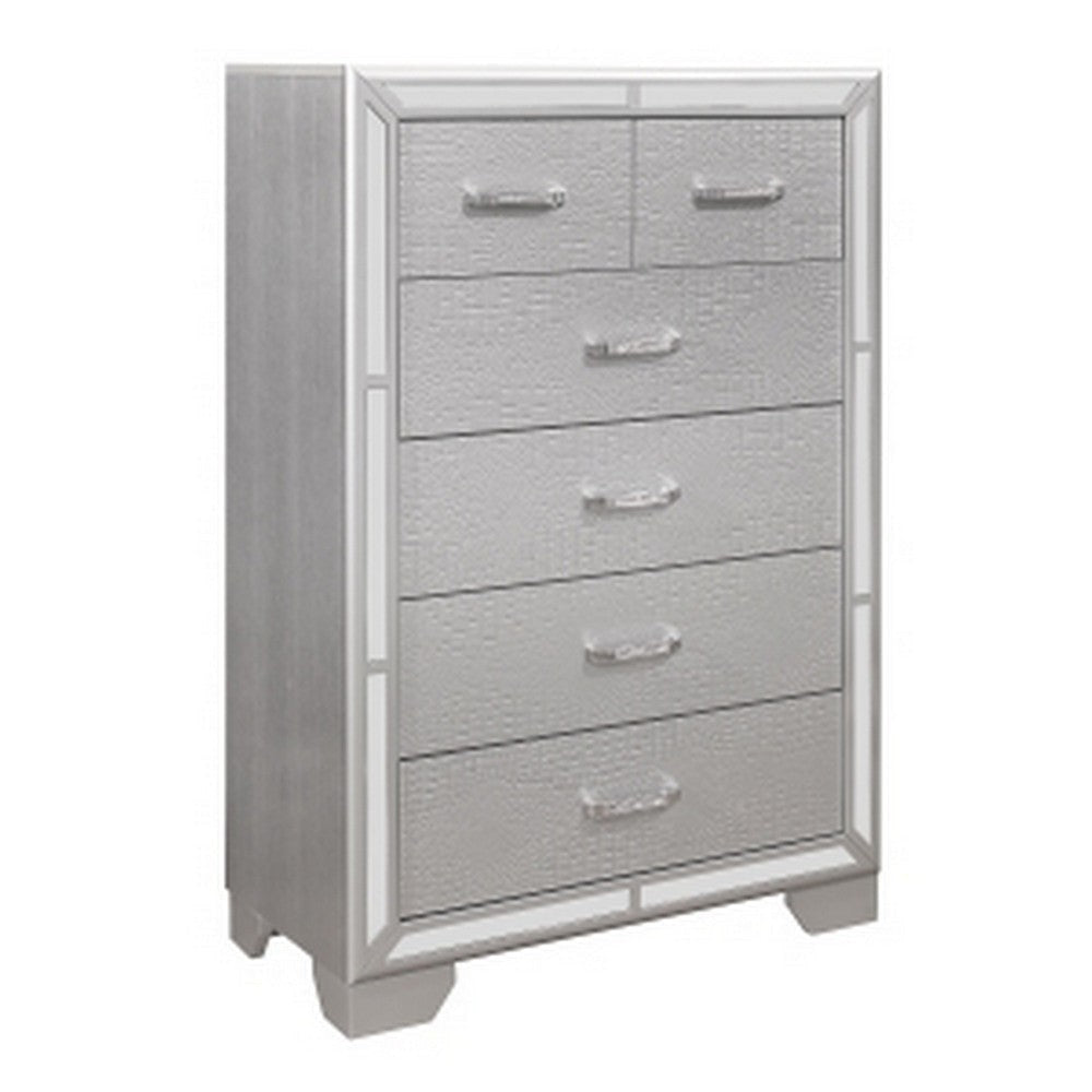 Aisha 49 Inch Modern Tall Dresser Chest with 6 Drawers, Mirror Trim, Silver By Casagear Home