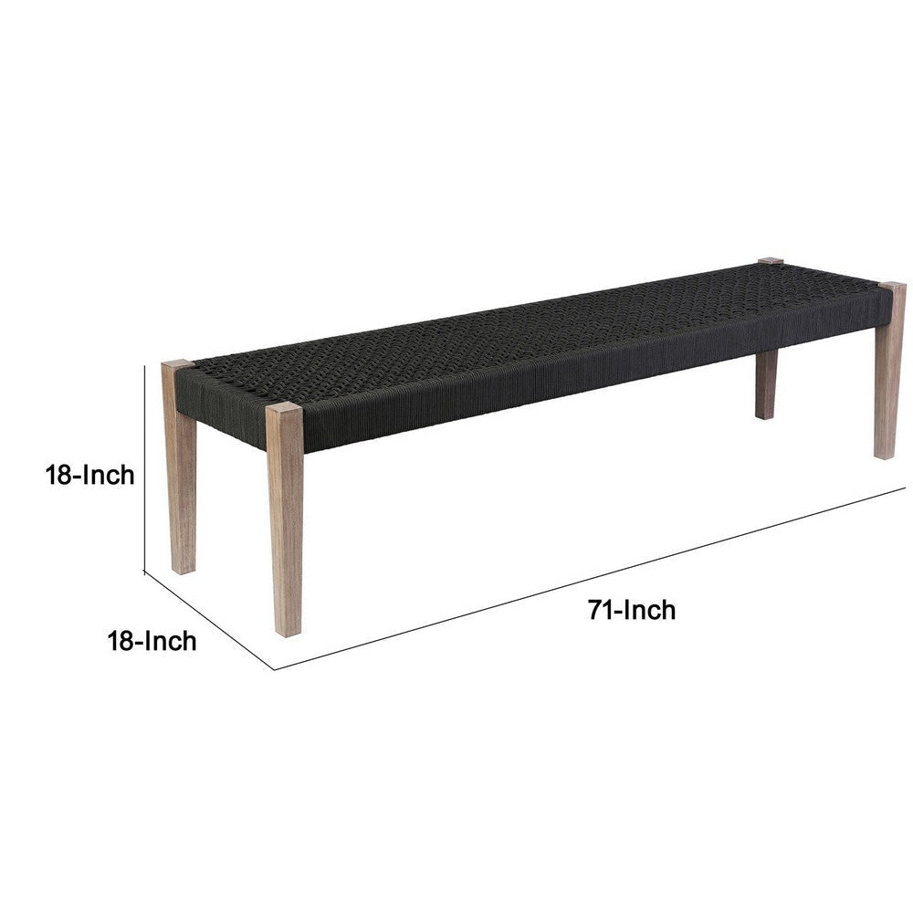 Nif 71 Inch Rectangular Dining Bench Rope Woven Top Tapered Legs Black By Casagear Home BM295613