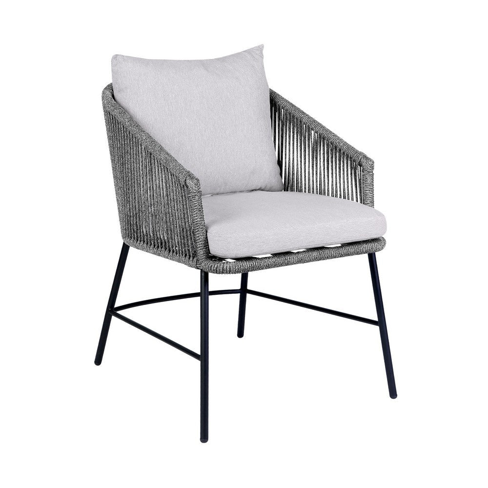 25 Inch Patio Dining Chair, Matte Black Steel Frame, Gray Rope Woven Seat By Casagear Home