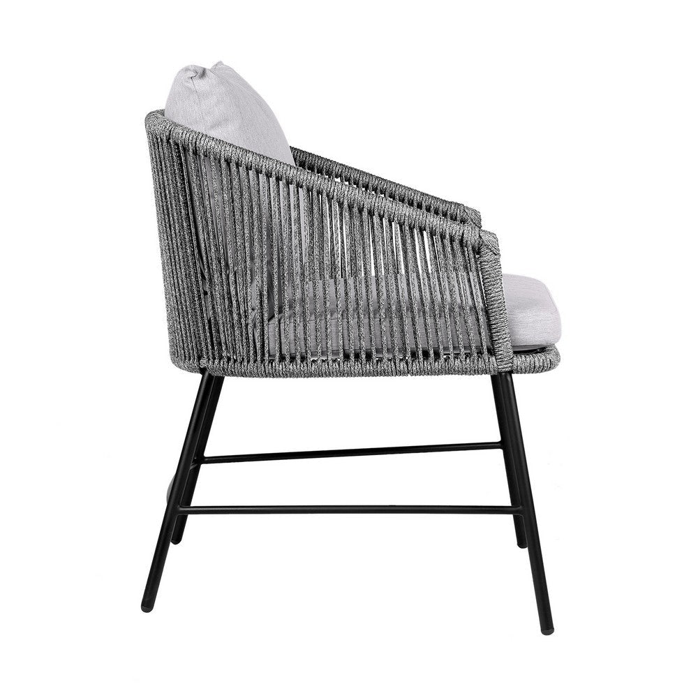 25 Inch Patio Dining Chair Matte Black Steel Frame Gray Rope Woven Seat By Casagear Home BM295615