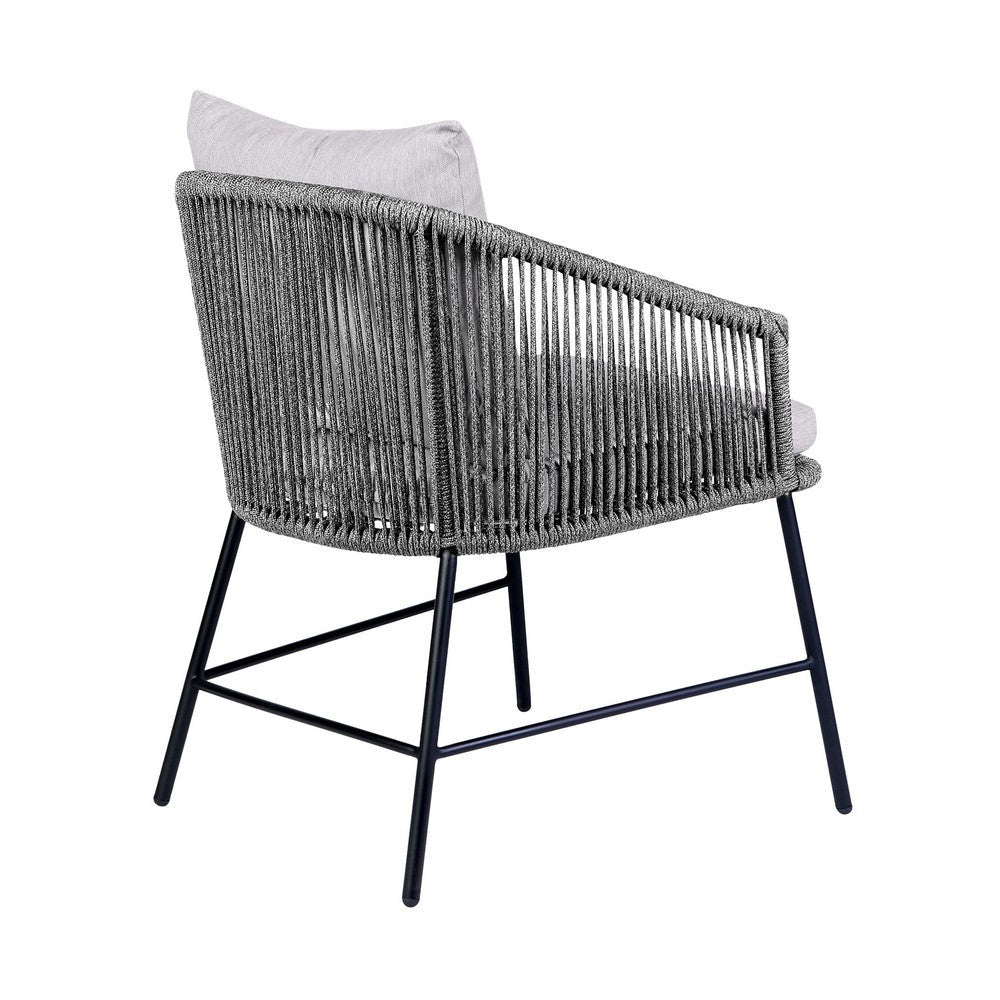 25 Inch Patio Dining Chair Matte Black Steel Frame Gray Rope Woven Seat By Casagear Home BM295615