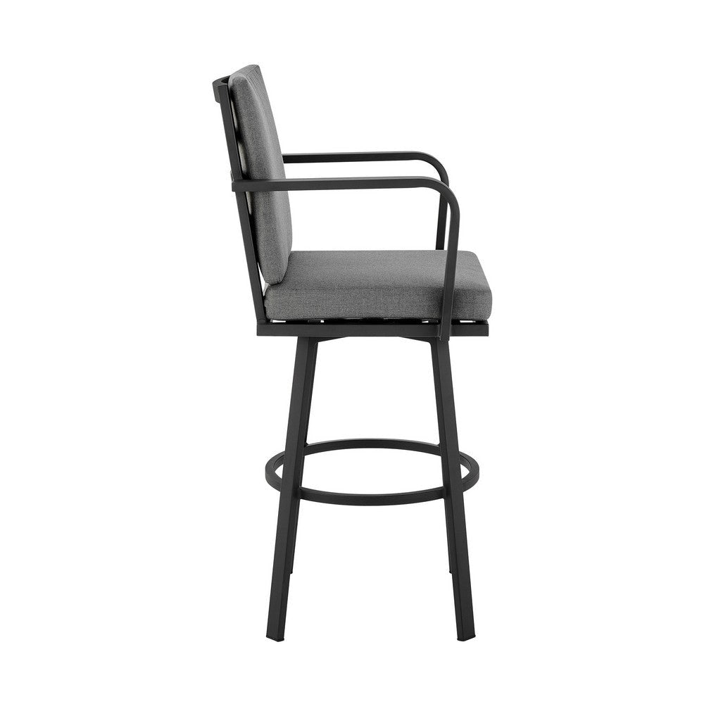 Faye 30 Inch Modern Patio Barstool Black Aluminum Frame Gray Cushions By Casagear Home BM295645