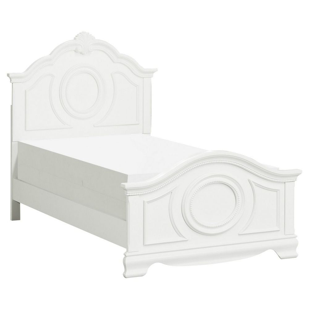 Lilya Traditional Twin Size Bed, Bead Molding and Shell Motif, Crisp White By Casagear Home