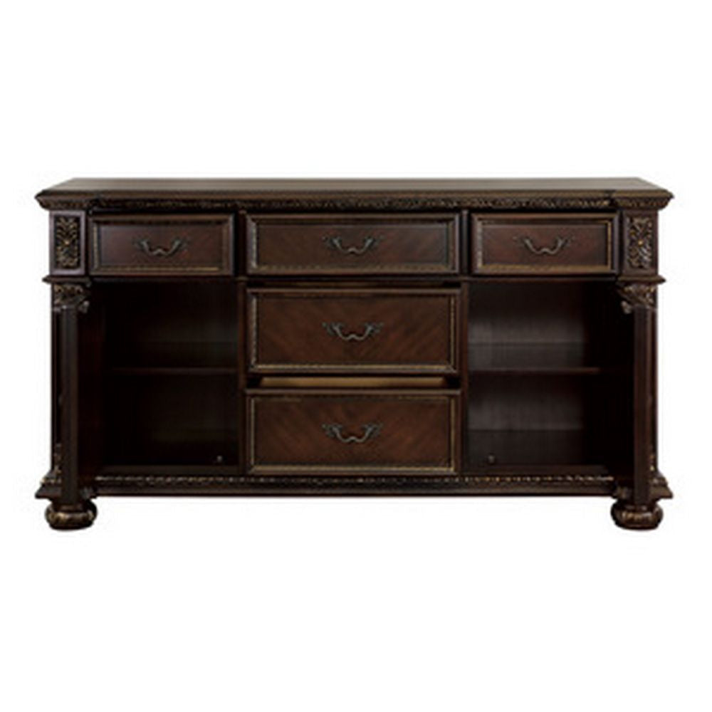 Finn 66 Inch Classic Wood Sideboard Buffet Leaf Carved Molded Trim Brown By Casagear Home BM295890