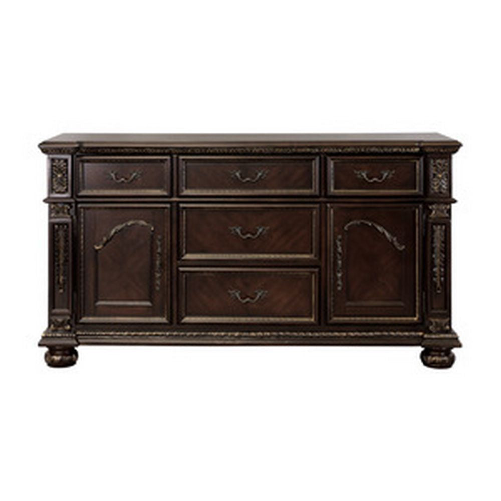 Finn 66 Inch Classic Wood Sideboard Buffet, Leaf Carved Molded Trim, Brown By Casagear Home