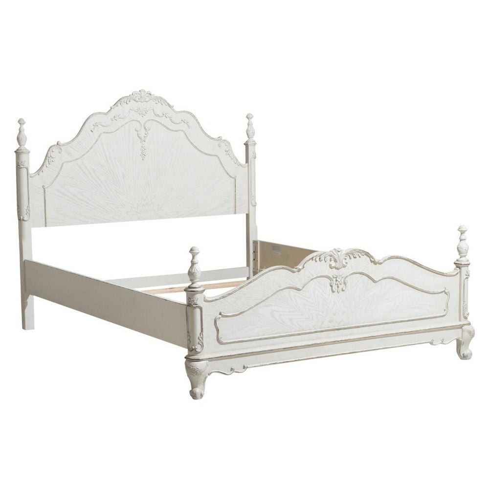 Princess Full Size Bed, Floral Motif Carvings, Finial Accents Antique White By Casagear Home