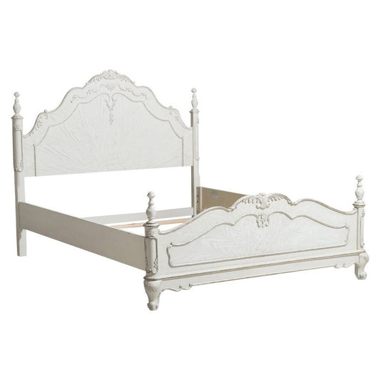 Princess Full Size Bed, Floral Motif Carvings, Finial Accents Antique White By Casagear Home