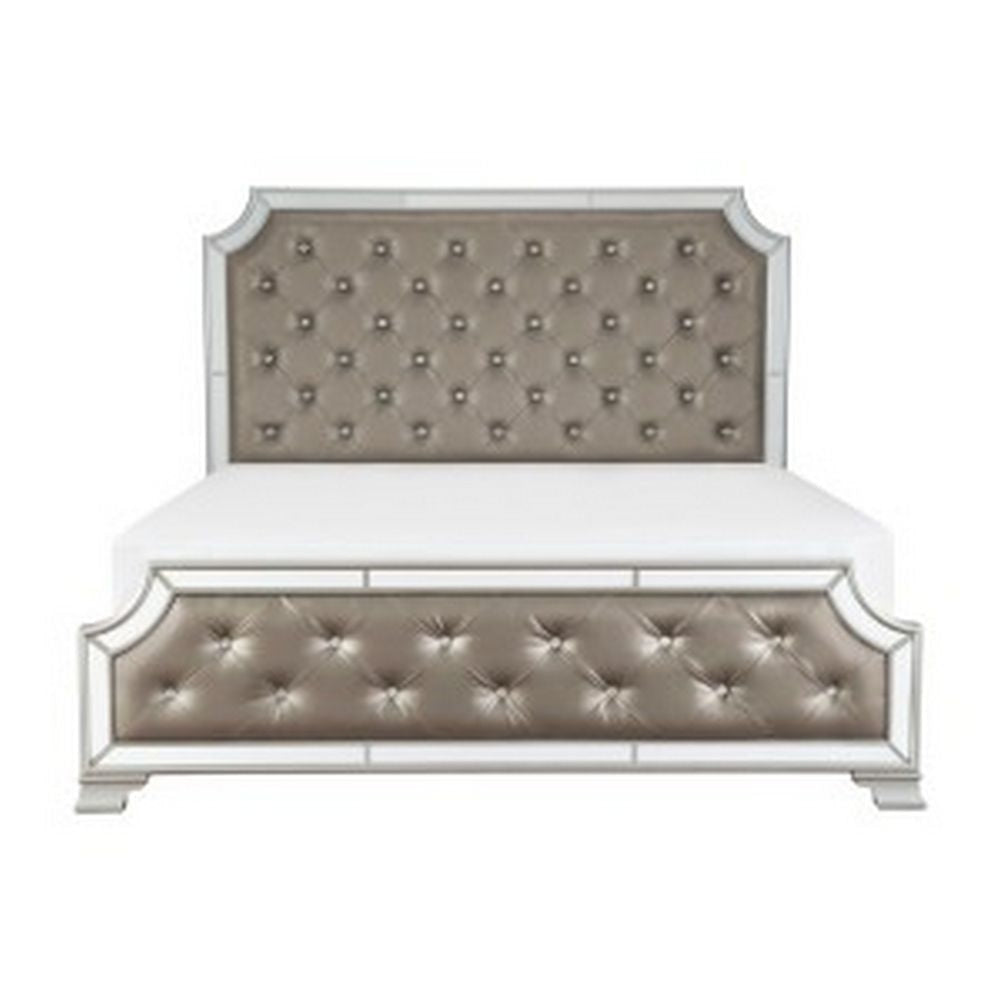 Badra Queen Bed with Crystal Button Tufting Mirror Trim Gray Faux Leather By Casagear Home BM295935