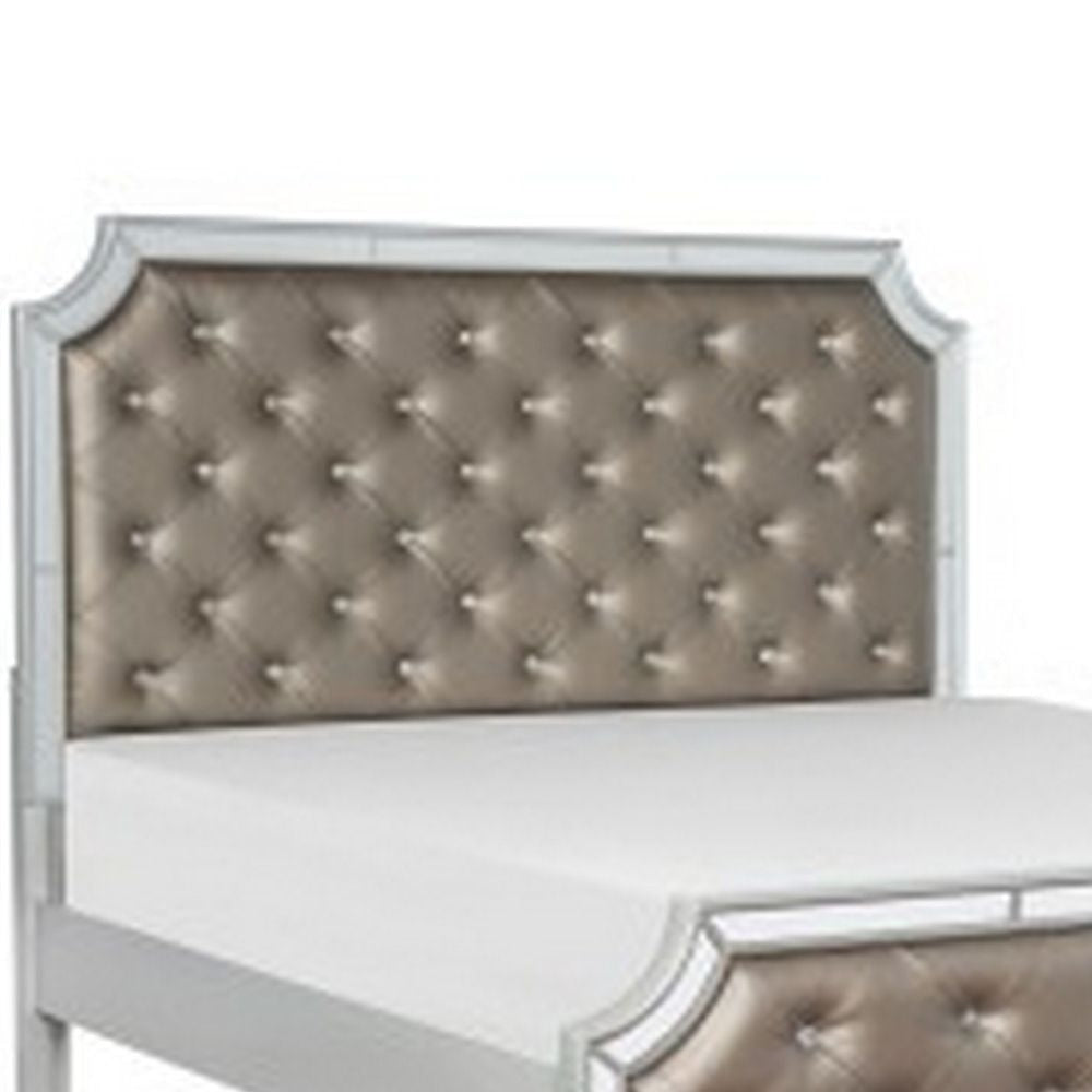 Badra Queen Bed with Crystal Button Tufting Mirror Trim Gray Faux Leather By Casagear Home BM295935