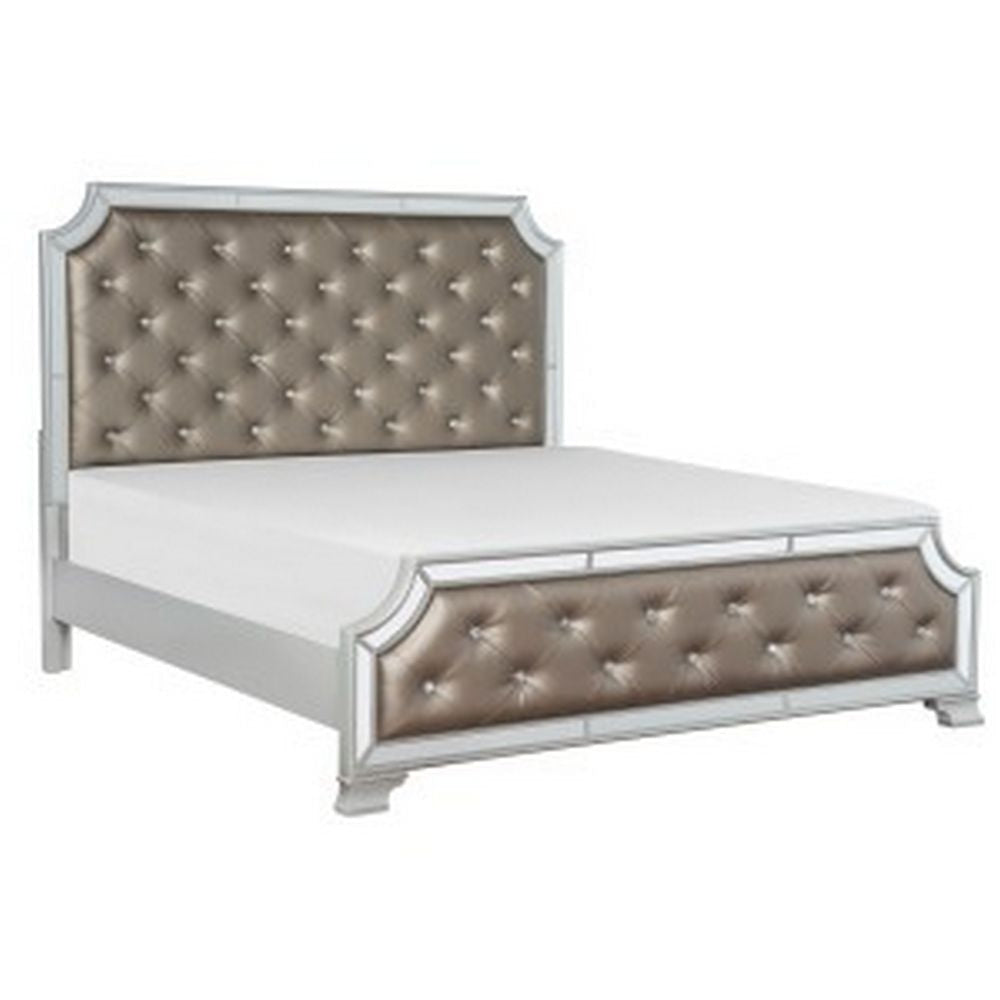 Badra Queen Bed with Crystal Button Tufting, Mirror Trim, Gray Faux Leather By Casagear Home