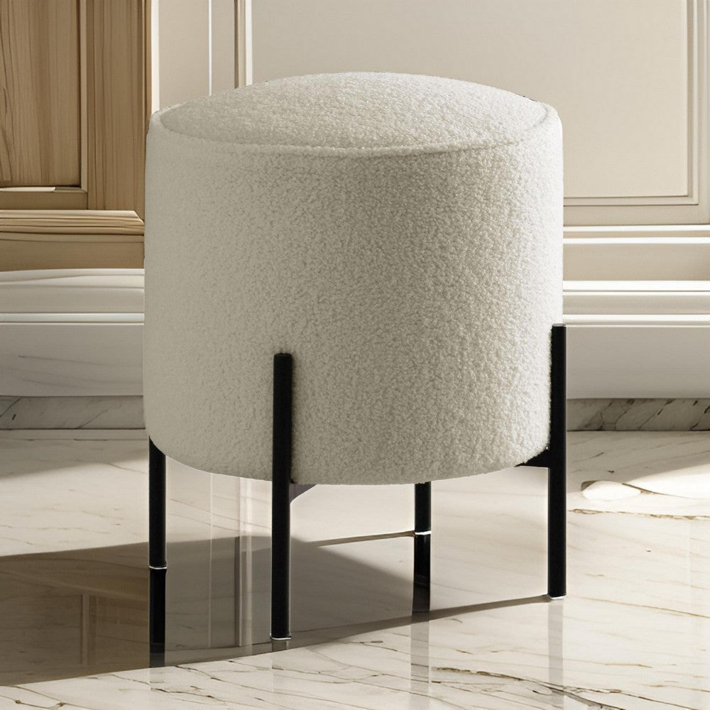 18 Inch Modern Foam Ottoman, Beige Faux Sheep Skin, Matte Black Metal Legs By Casagear Home