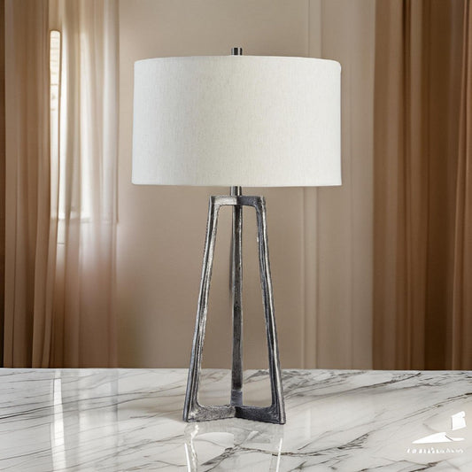 Nila 35 Inch Table Lamp, Pewter Gray Metal Base, 3 Way Switch, Drum Shade By Casagear Home