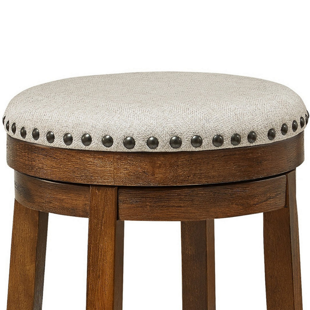 Zane 24 Inch Backless Swivel Counter Stool Round Beige Seat Brown Wood By Casagear Home BM296562