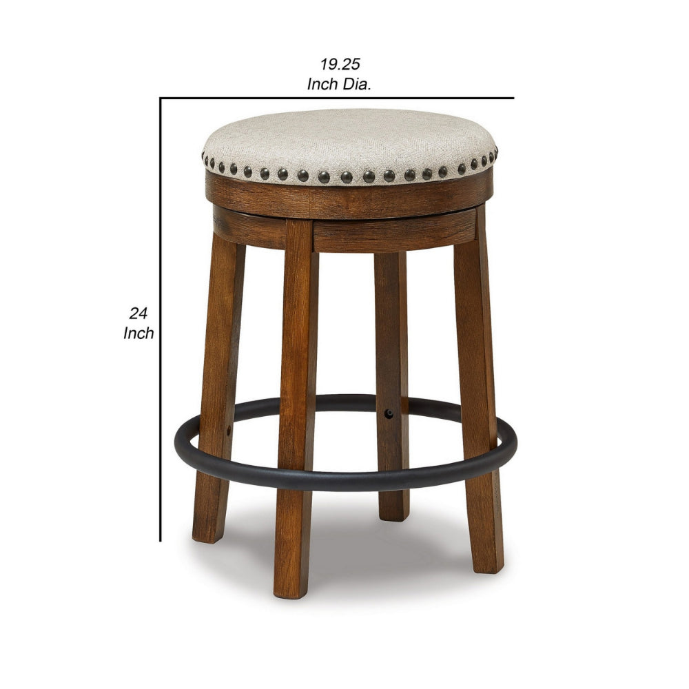 Zane 24 Inch Backless Swivel Counter Stool Round Beige Seat Brown Wood By Casagear Home BM296562