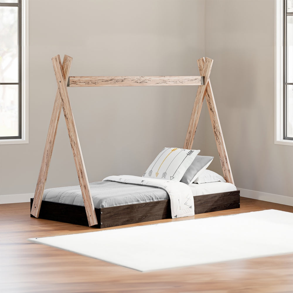 Pipa Modern Twin Size Bed, Crossed Wood A Frame Tent Stand, Jet Black Base By Casagear Home