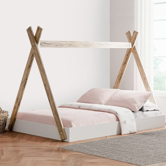 Pipa Modern Full Bed, Crossed Wood A Frame Tent Stand, Crisp White Base By Casagear Home