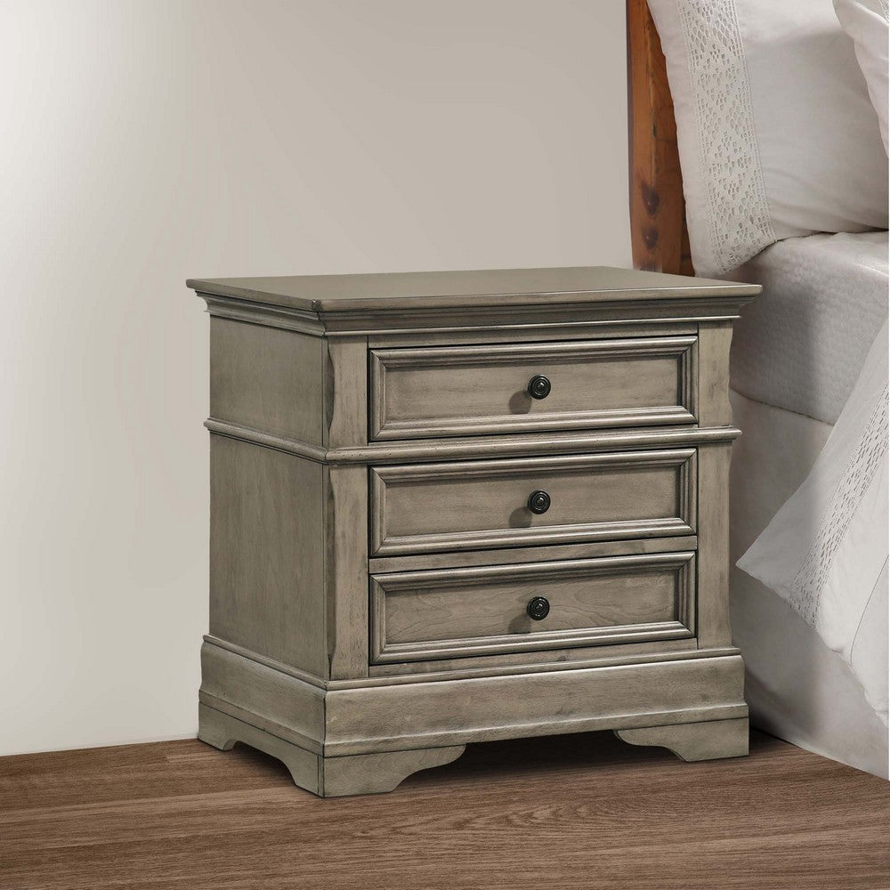 Ala 26 Inch 3 Drawer Nightstand, Felt Lined, Crown Molded, Wheat Brown Wood By Casagear Home