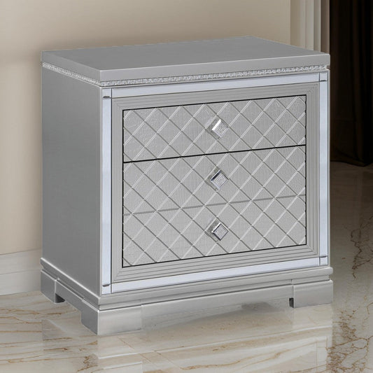 Axl 29 Inch 2 Drawer Nightstand, USB Ports, Embossed, Mirror Trim, Silver By Casagear Home