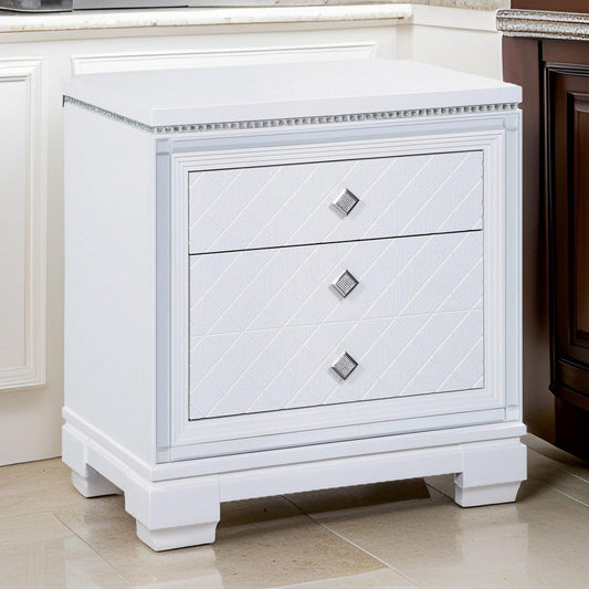 Axl 29 Inch 2 Drawer Nightstand, USB Ports, Embossed, Mirror Trim, White By Casagear Home