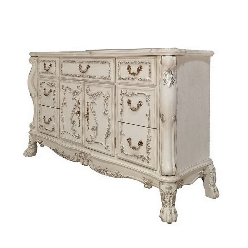 Aurora 67 Inch Carved Wood Dresser, 7 Drawers, 2 Door Cabinet, Bone White By Casagear Home