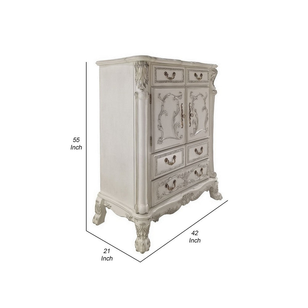 Aurora 55 Inch Carved Wood Chest 5 Drawers 2 Door Cabinet Bone White By Casagear Home BM296831