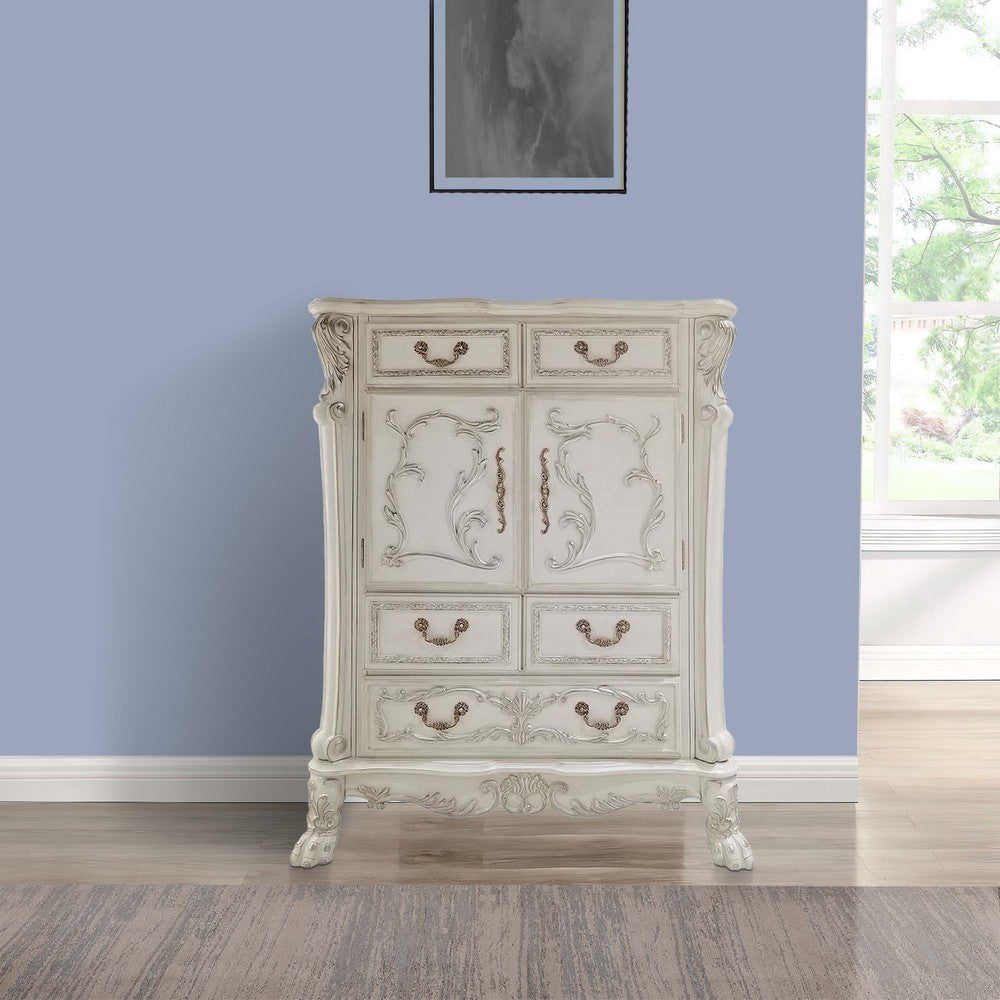 Aurora 55 Inch Carved Wood Chest 5 Drawers 2 Door Cabinet Bone White By Casagear Home BM296831